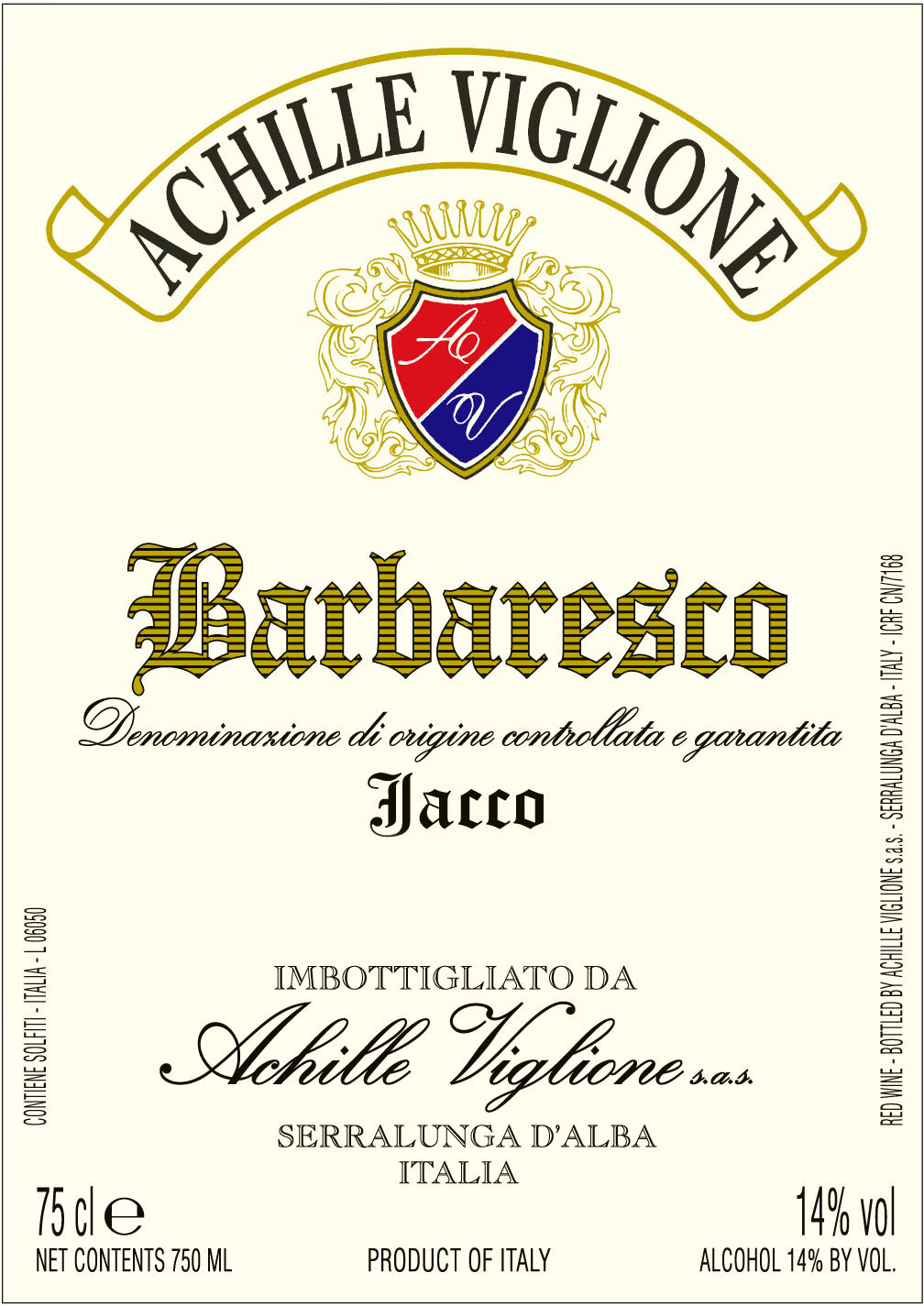 Etichetta vino rosso Barbaresco Jacco Achille Viglione