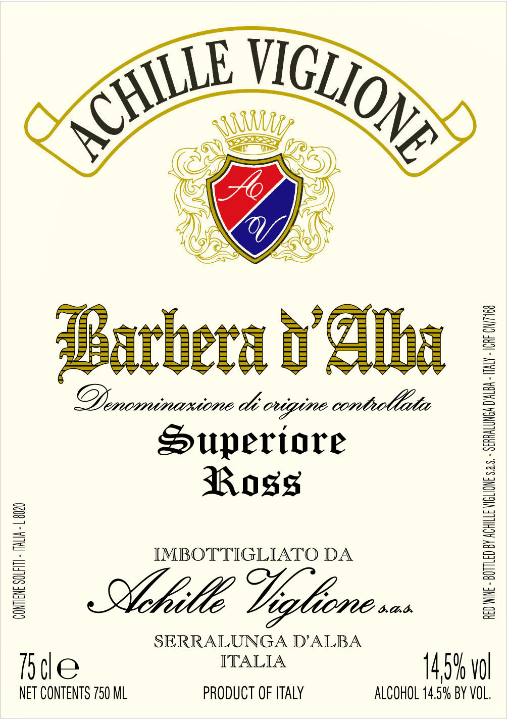 Label red wine Barbera d'Alba Ross Achille Viglione