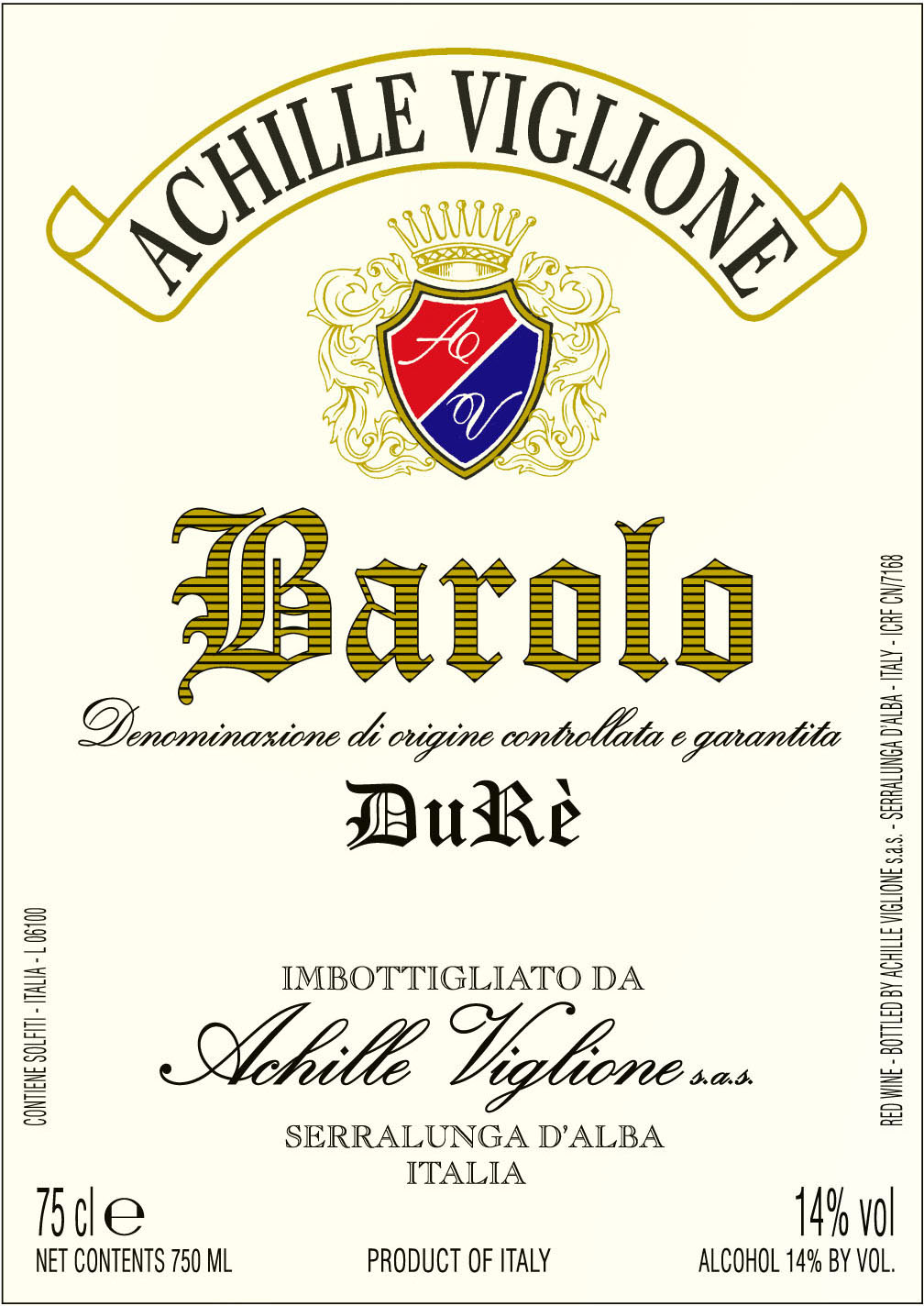 Etichetta vino rosso Barolo Durè Achille Viglione